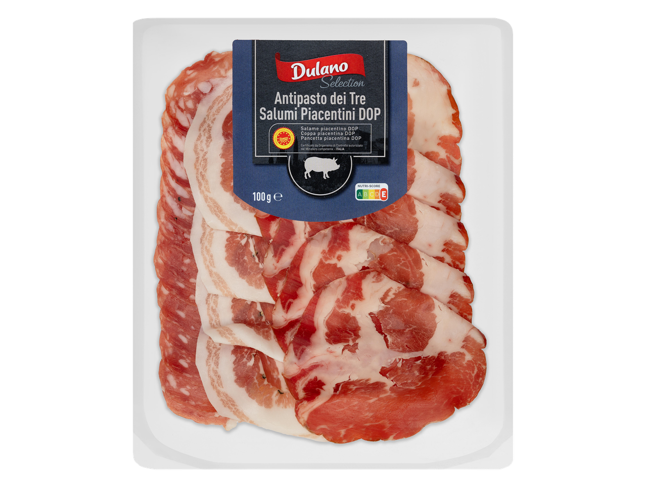 Háromféle olasz felvágott, köztük szalámi, coppa és pancetta, 100g-os kiszerelésben.