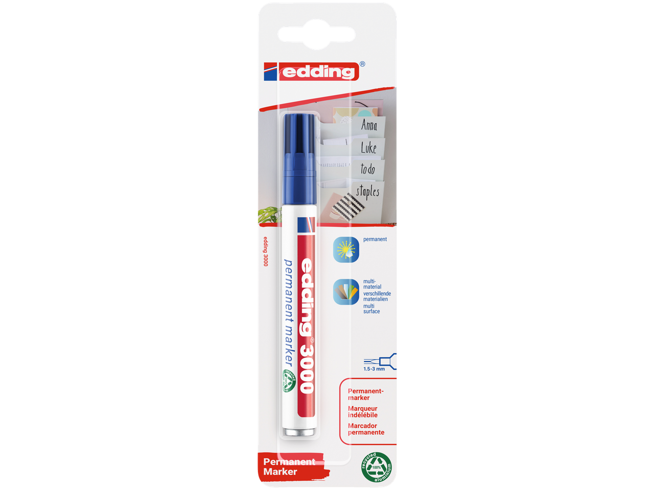 Edding 3000 permanent marker in blauw, 1,5-3 mm, voor meerdere oppervlakken, 100% gerecycled aluminium.