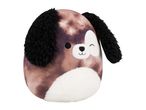 Brown and black dog plush toy with a white belly and face details