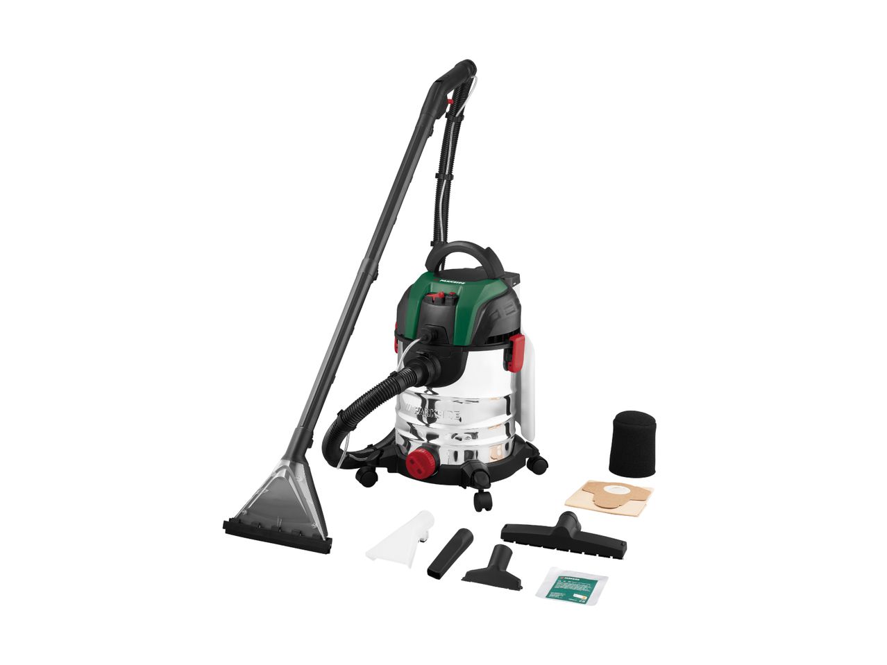 A Bosch wet/dry vacuum cleaner with various attachments is shown.