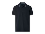 Dark blue men's polo shirt with white and light blue stripes on the collar and sleeves.
