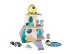 A wooden rocket ship playset with astronauts, a rover, and a UFO.