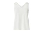 White women's sleeveless top with a V-neck and lace trim