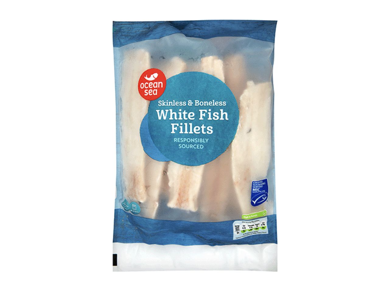 Ocean Sea Skinless & Boneless White Fish Fillets in a clear plastic bag.