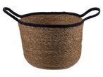 Brown woven basket with black trim and handles