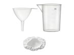 Plastic beaker, funnel, and filter for chemistry or crafting.