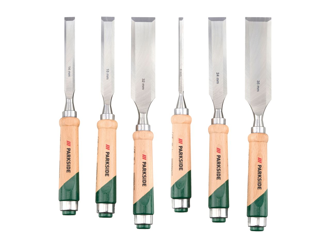 Six Parkside wood chisels of varying widths are displayed against a white background.