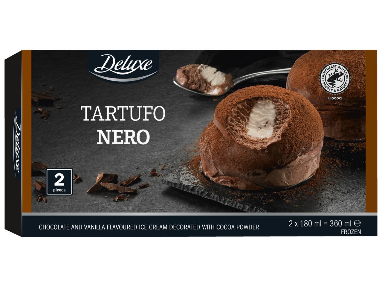 Deluxe Tartufi Nero, šokolādes un vaniļas saldējums ar kakao pulveri.