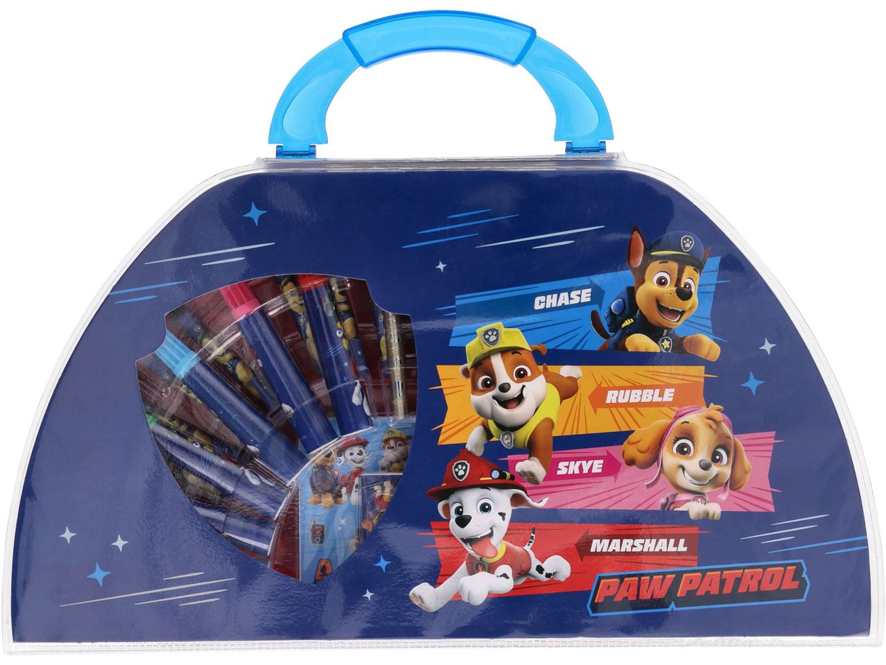 Valigetta Paw Patrol con pennarelli e personaggi dei cartoni animati.
