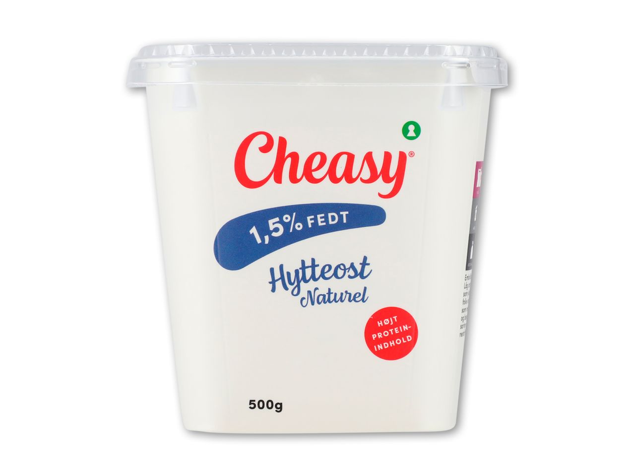 Hytteost naturel med 1,5% fedt og højt proteinindhold i en 500g beholder.