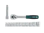 Conjunto de chave de roquete com encaixes de vários tamanhos.