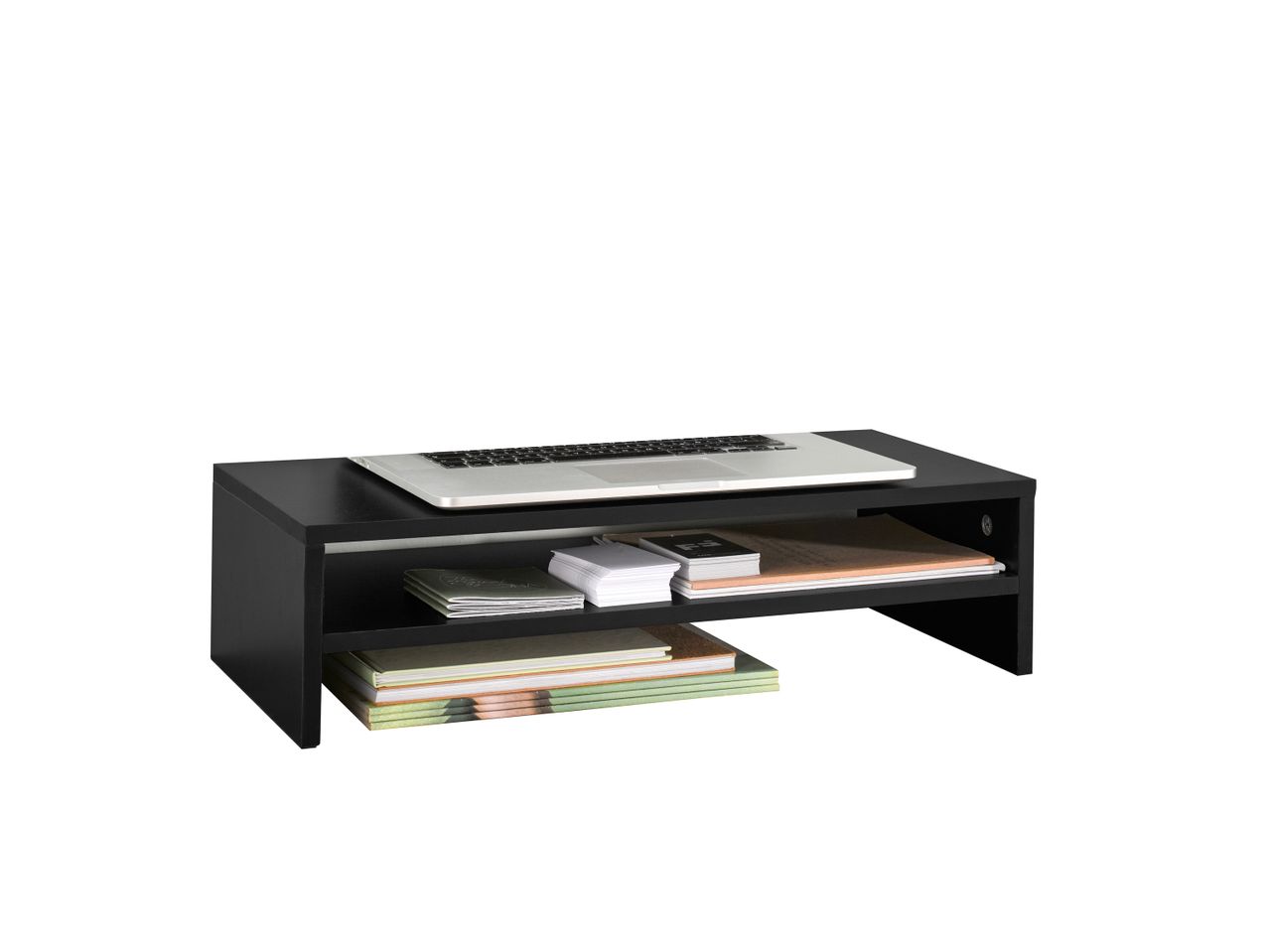 A black laptop stand with two shelves holds a laptop, books, and papers.