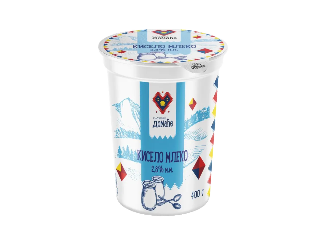 Čaša kiselog mleka sa planinskim pejzažem i tradicionalnim motivima, 2,8% m.m., 400g.