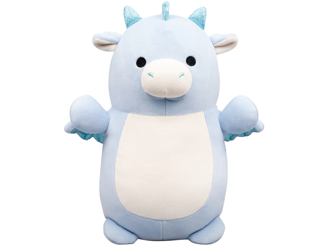 Light blue Squishmallows plush toy with glittery blue horns and wings.