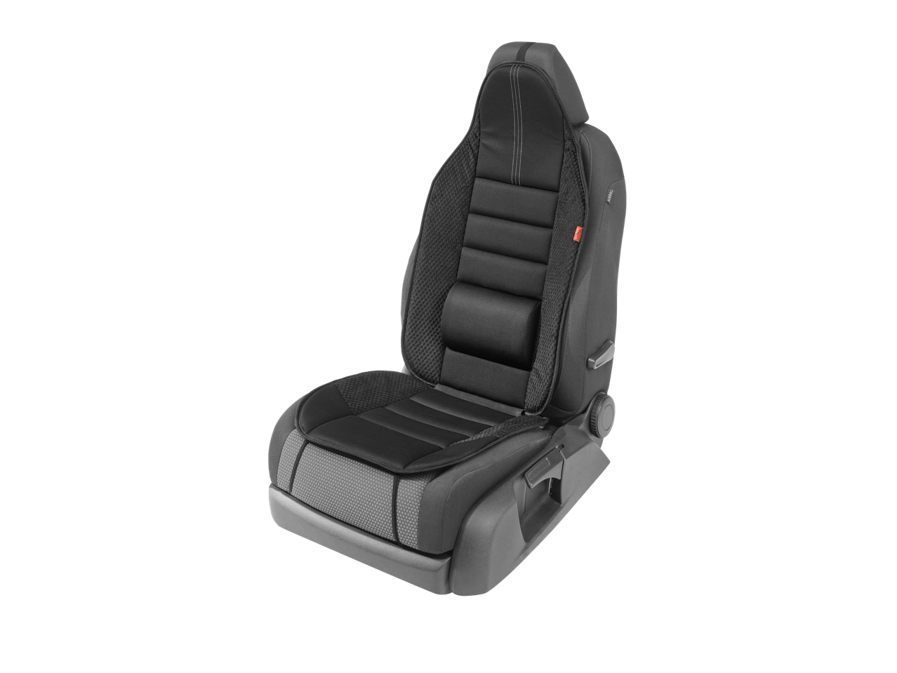 Melns automašīnas sēdeklis ar integrētu galvas balstu.