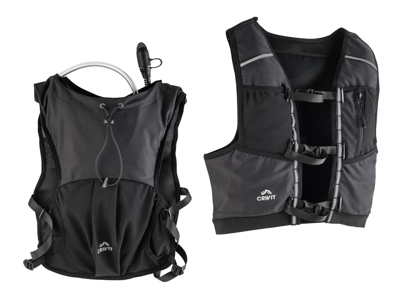 Zwei Ansichten einer schwarzen Trinkweste mit Trinkblase und Trinkschlauch