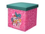 Pink storage ottoman with a green lid, featuring Marshall and Skye from Paw Patrol.
