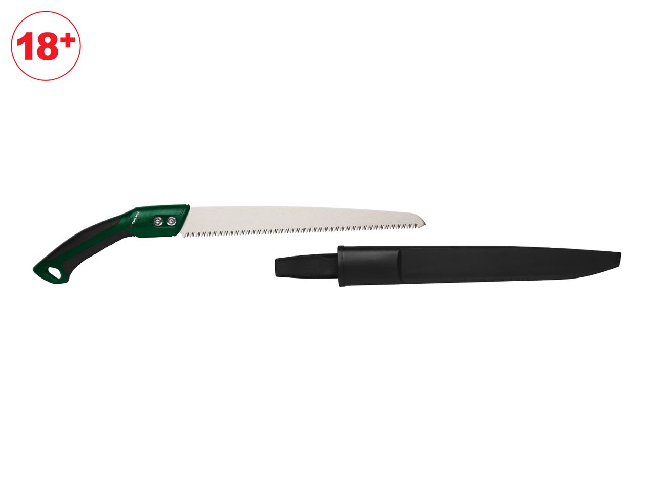 Parkside pruning saw with a black sheath, and an 18+ age restriction symbol.
