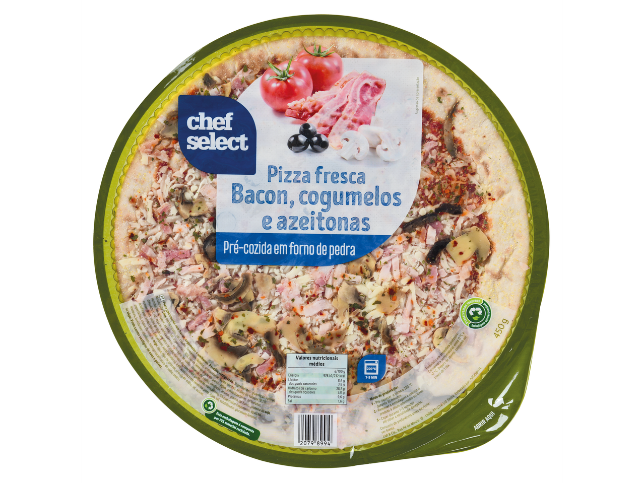Pizza Chef Select com bacon, cogumelos e azeitonas.