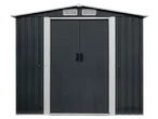 Dark grey metal garden shed with white trim, double doors, and two vents.