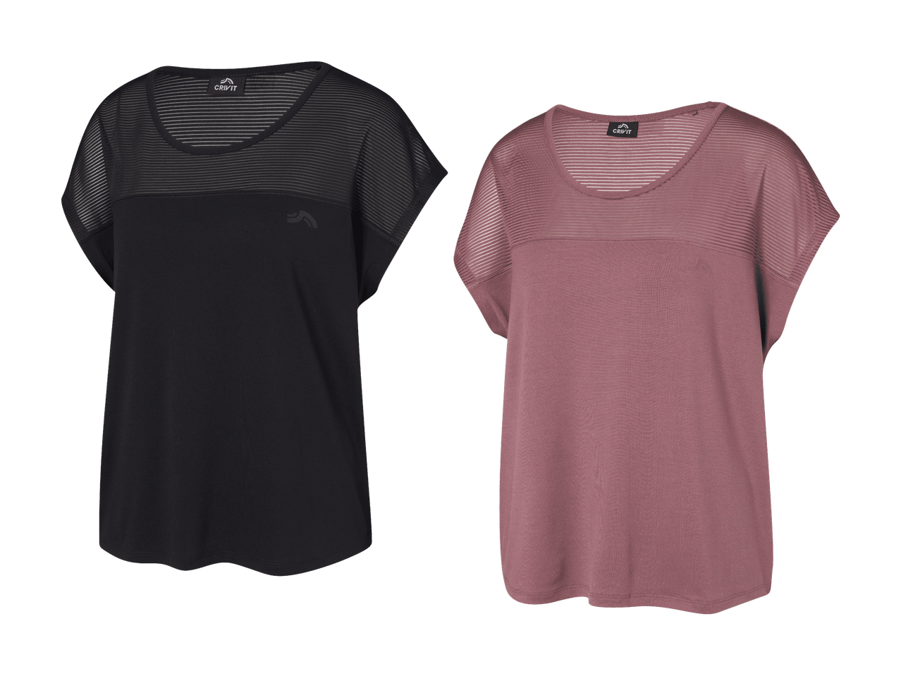 Deux t-shirts de sport pour femmes, un noir et un rose, avec des empiècements rayés transparents.