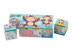 Wooden block puzzle with monkey and elephant jungle scene.