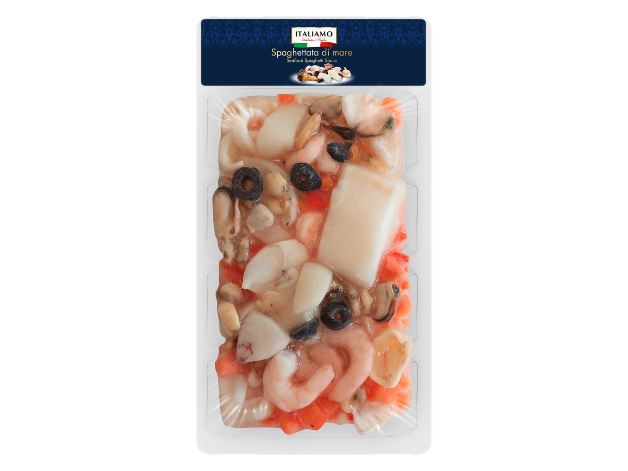 Italiamo jūras velšu spageti mērce ar kalmāriem, garnelēm, mīdijām un olīvām.