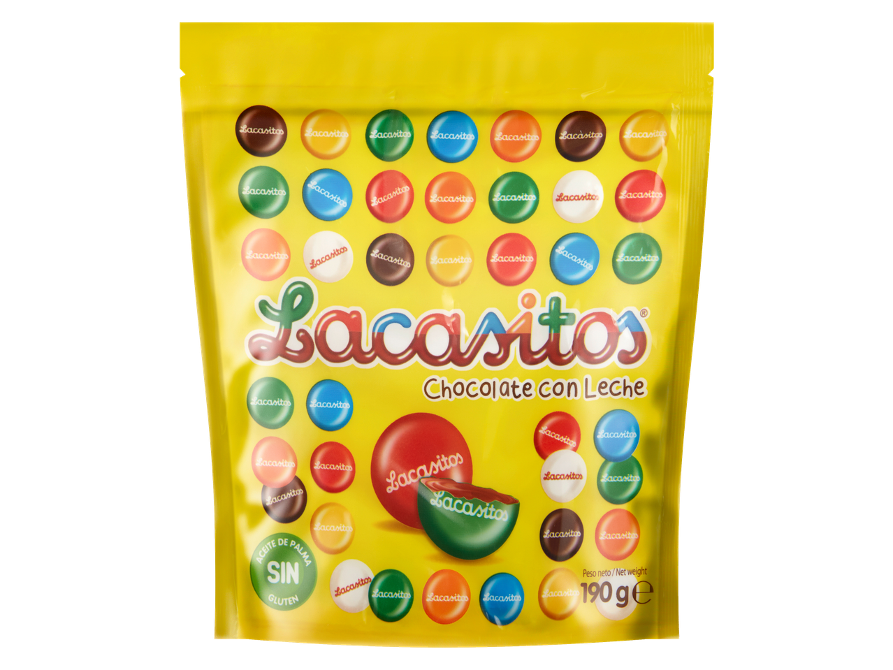 Gele zak Lacasitos melkchocolade snoepjes, 190g, palmvrij en glutenvrij.
