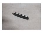 A black knife sharpener with white sharpening rods, featuring a white triangular logo, on a gray surface.