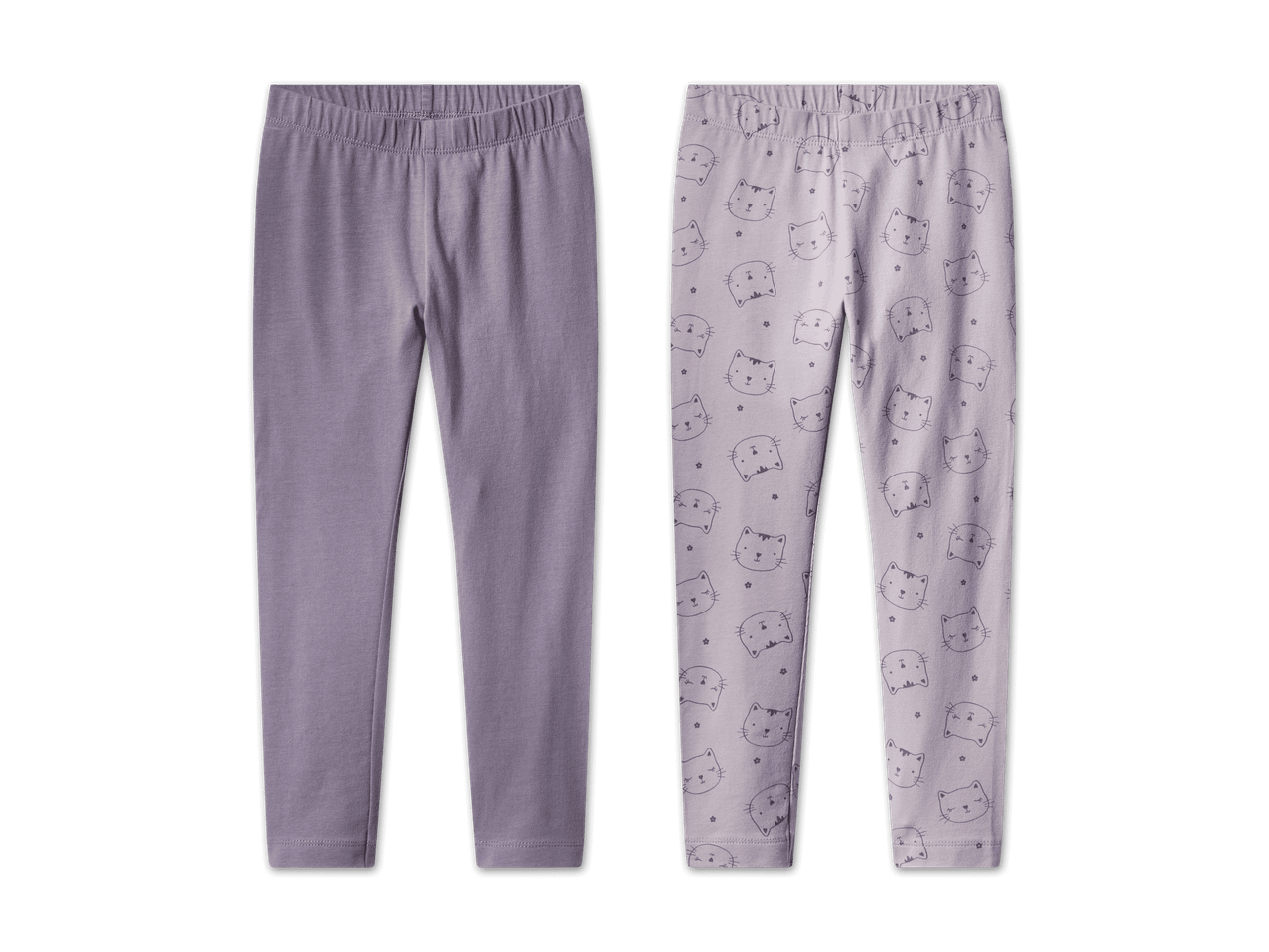 Zwei Paar lila Leggings, eines schlicht und eines mit Katzenmuster.