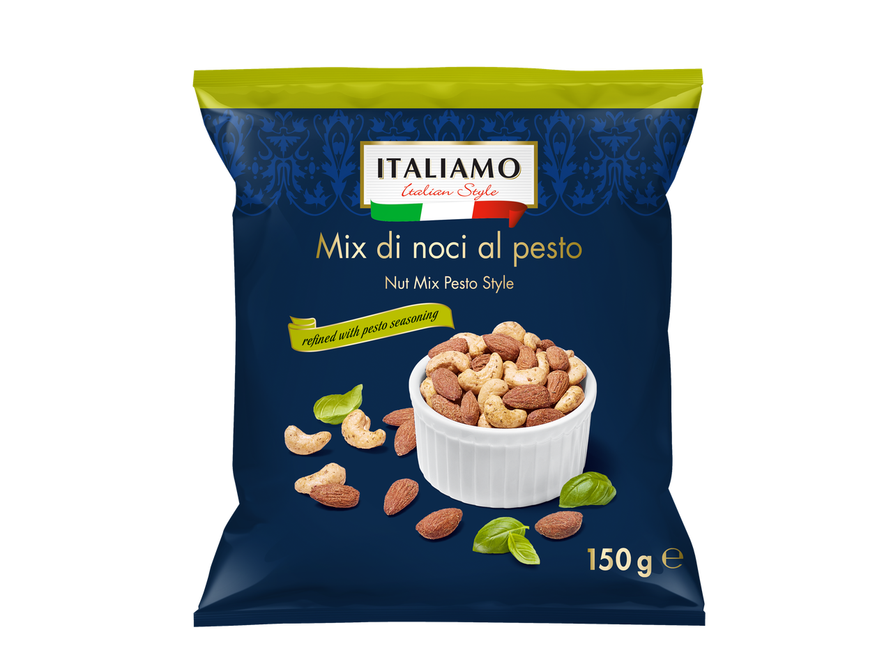 Italiamo Notenmix Pesto Stijl, een donkerblauwe zak met noten in een witte kom en basilicumblaadjes.