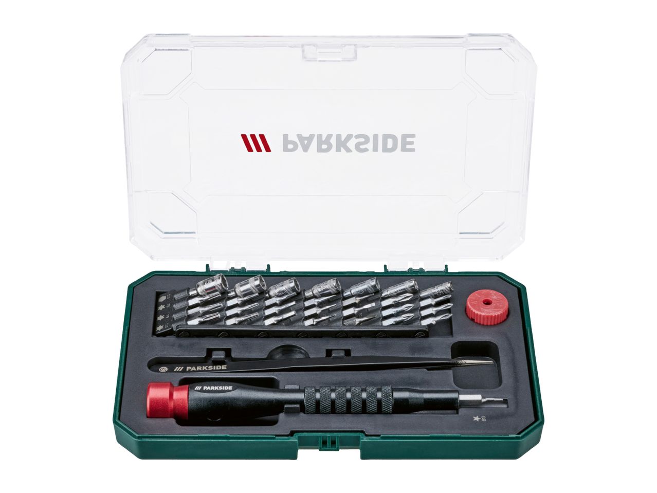 A precision screwdriver set with various bits, a handle, and tweezers in a green case.