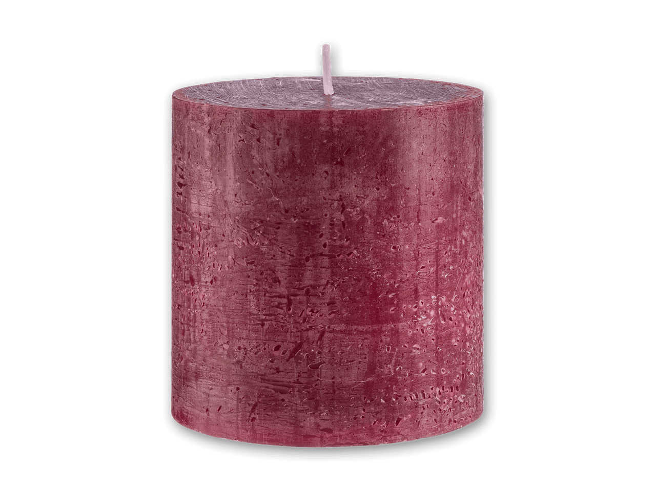Eine einzelne, zylindrische, dunkelrote Kerze mit rauer Textur und Docht.