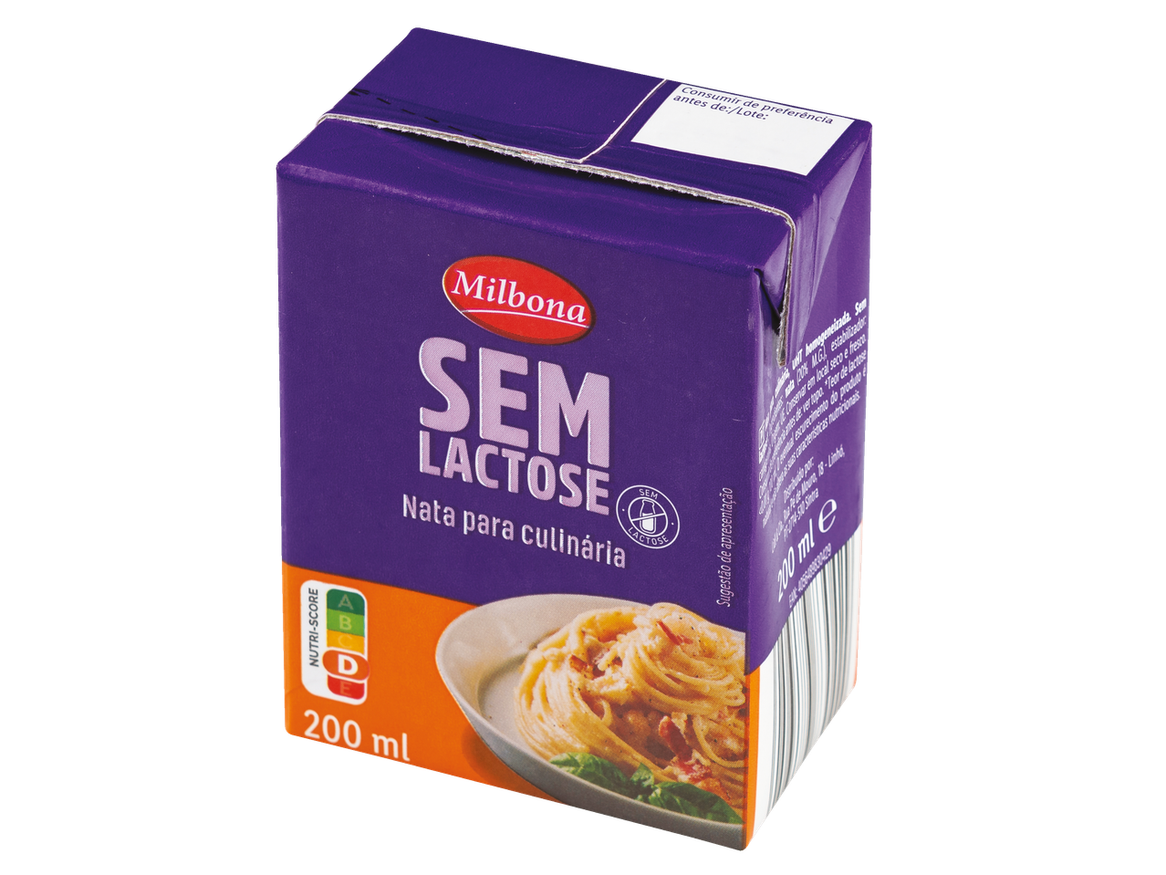 Embalagem de natas culinárias sem lactose Milbona com prato de esparguete, 200ml
