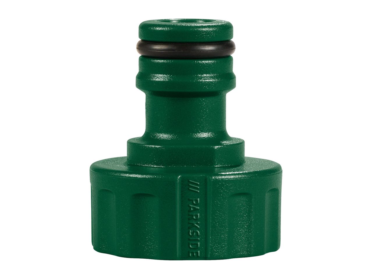 Green garden hose connector with a black O-ring seal.