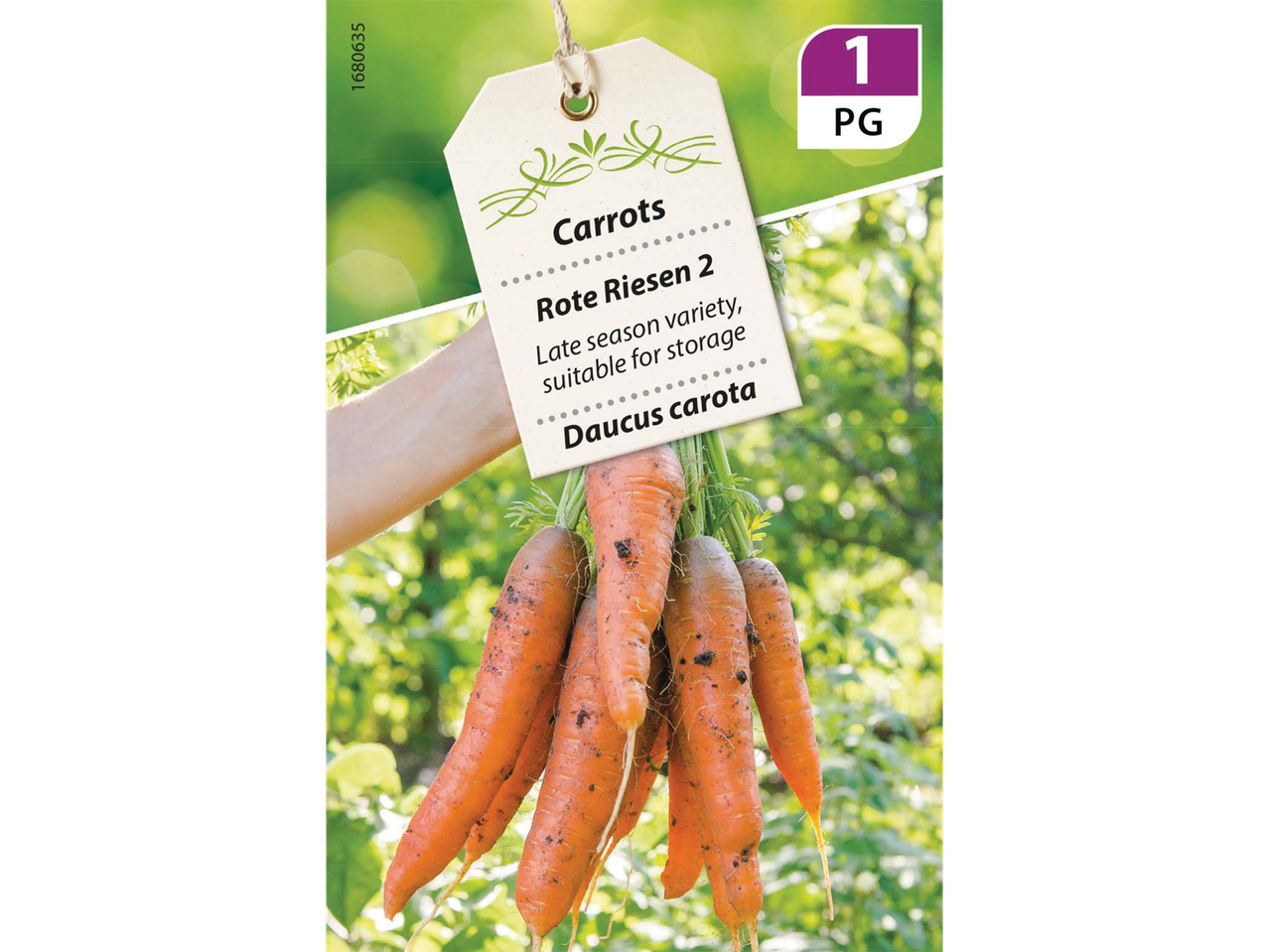 A bunch of carrots with a tag indicating 'Rote Riesen 2' variety, suitable for storage.