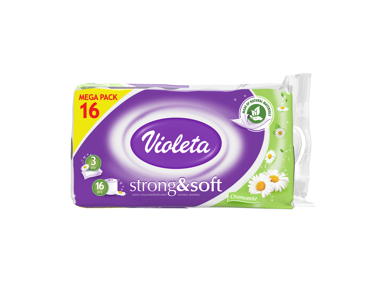 Violeta toalet papir, jak i mekan, 16 rolni, 3-slojni, miris kamilice, napravljen od prirodnih materijala.