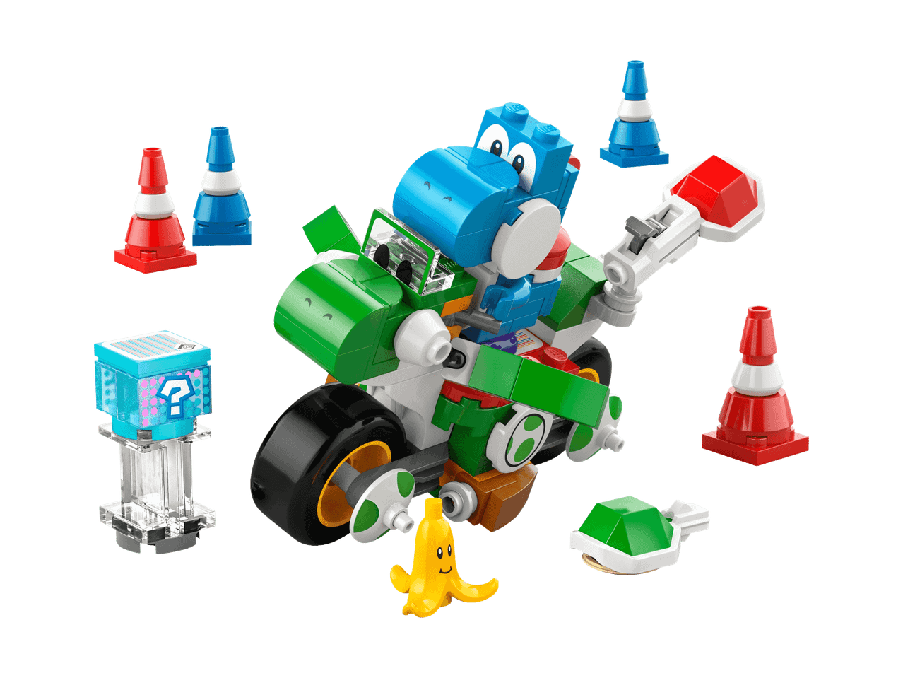 Blauer und grüner Charakter auf Motorrad, mit Kegeln, Fragezeichen-Block, Banane und Schildkrötenpanzer.