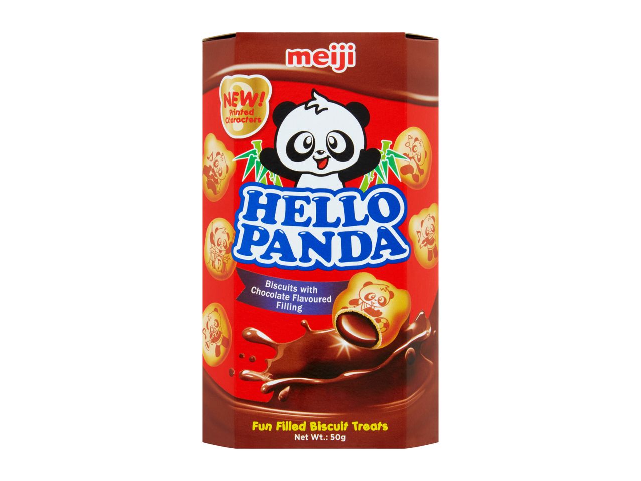 Red box of panda-shaped biscuits with chocolate filling, featuring a cartoon panda.
