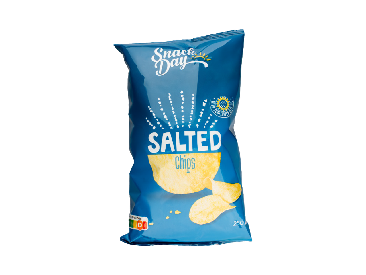 Plava kesica slanog čipsa sa natpisom 'Snack Day Salted Chips' i slikom čipsa.