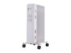 White oil-filled radiator heater with wheels and control dials