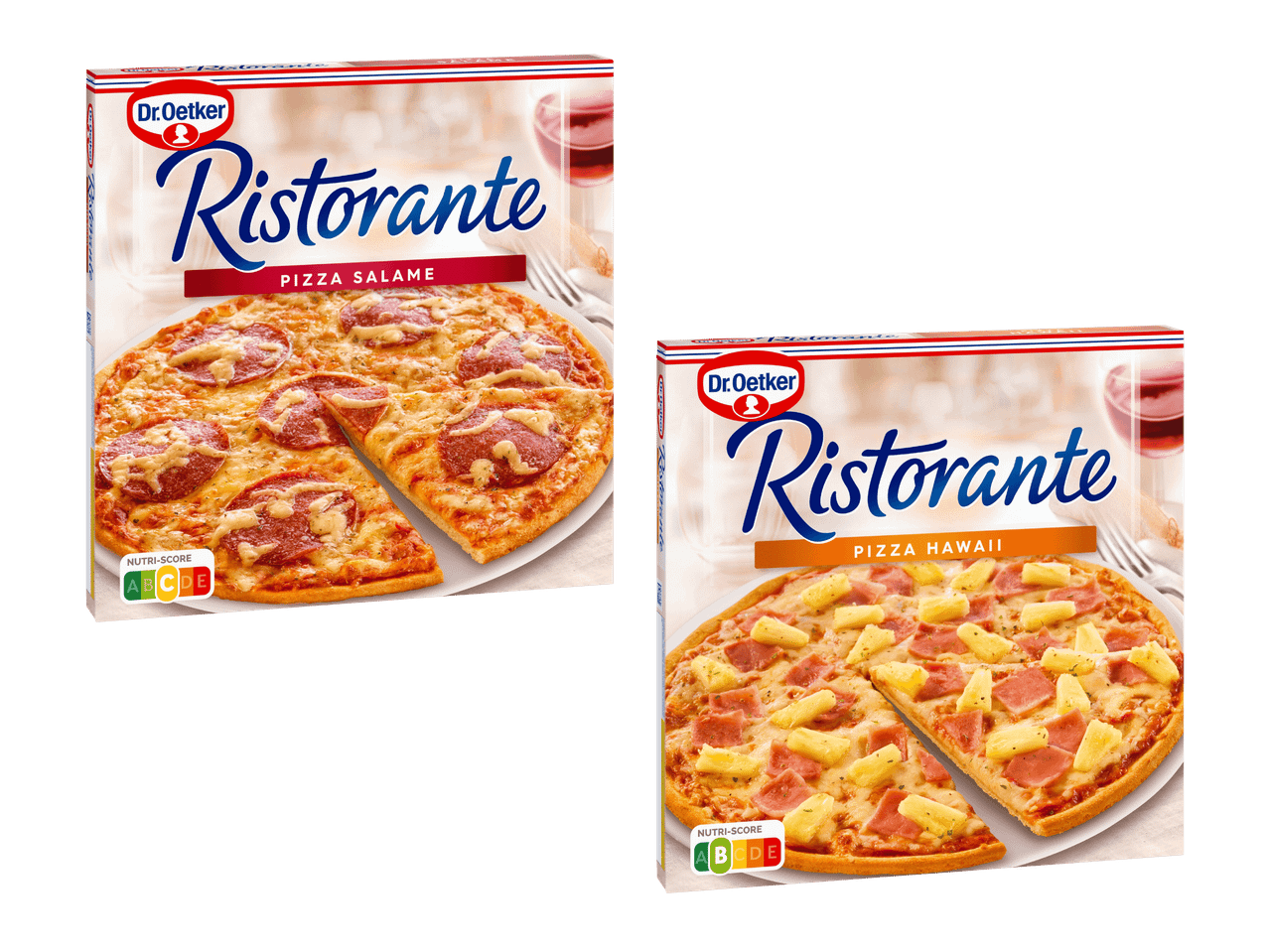 Kaksi pakastettua pizzaa: salami- ja hawai-pizza, joissa on Nutri-Score-merkinnät.