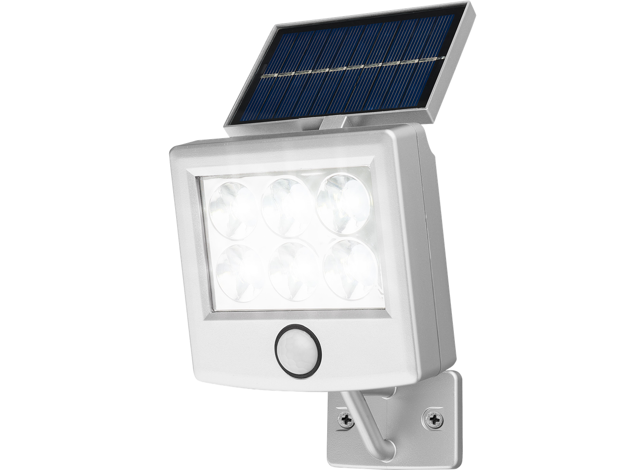 Ezüst színű, napelemes LED-es mozgásérzékelős lámpa fekete háttér előtt.