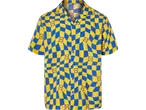 A yellow and blue checkered short-sleeved shirt with a repeating logo pattern.