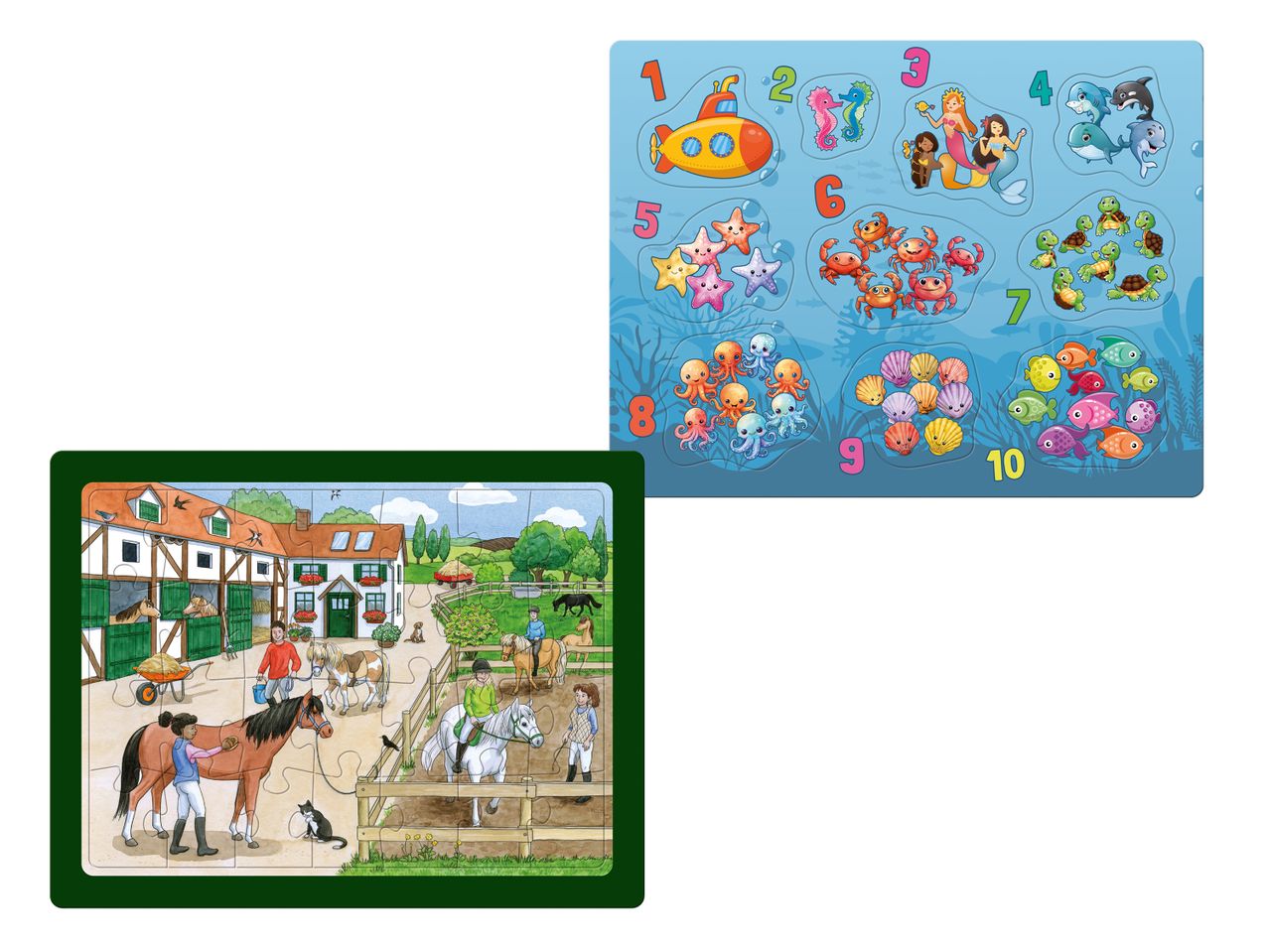 Zwei Kinderpuzzles: ein Unterwasser-Zählpuzzle und ein Bauernhof-Puzzle.