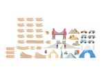 Wooden train tracks, vehicles, and world landmark play pieces on a white background.