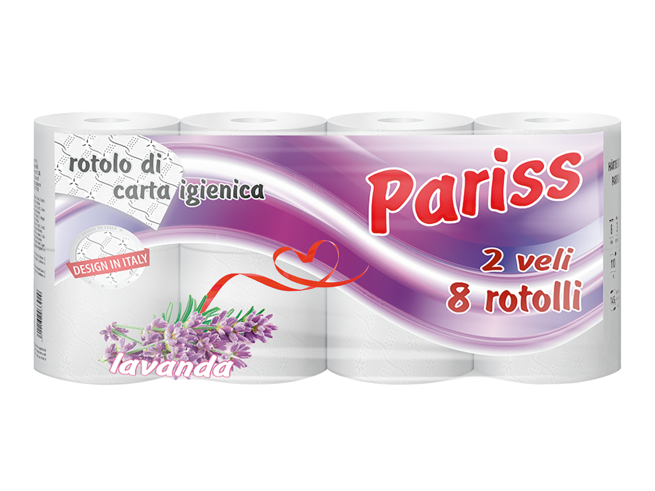 Pachet de hârtie igienică cu 8 role, 2 straturi, cu parfum de lavandă și design italian.