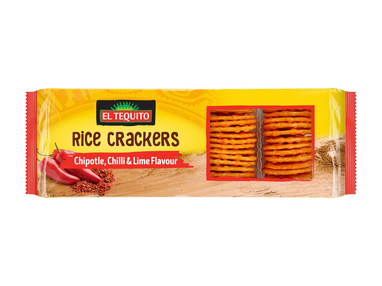 Rice crackers in a yellow and red package, with chili and lime flavor.