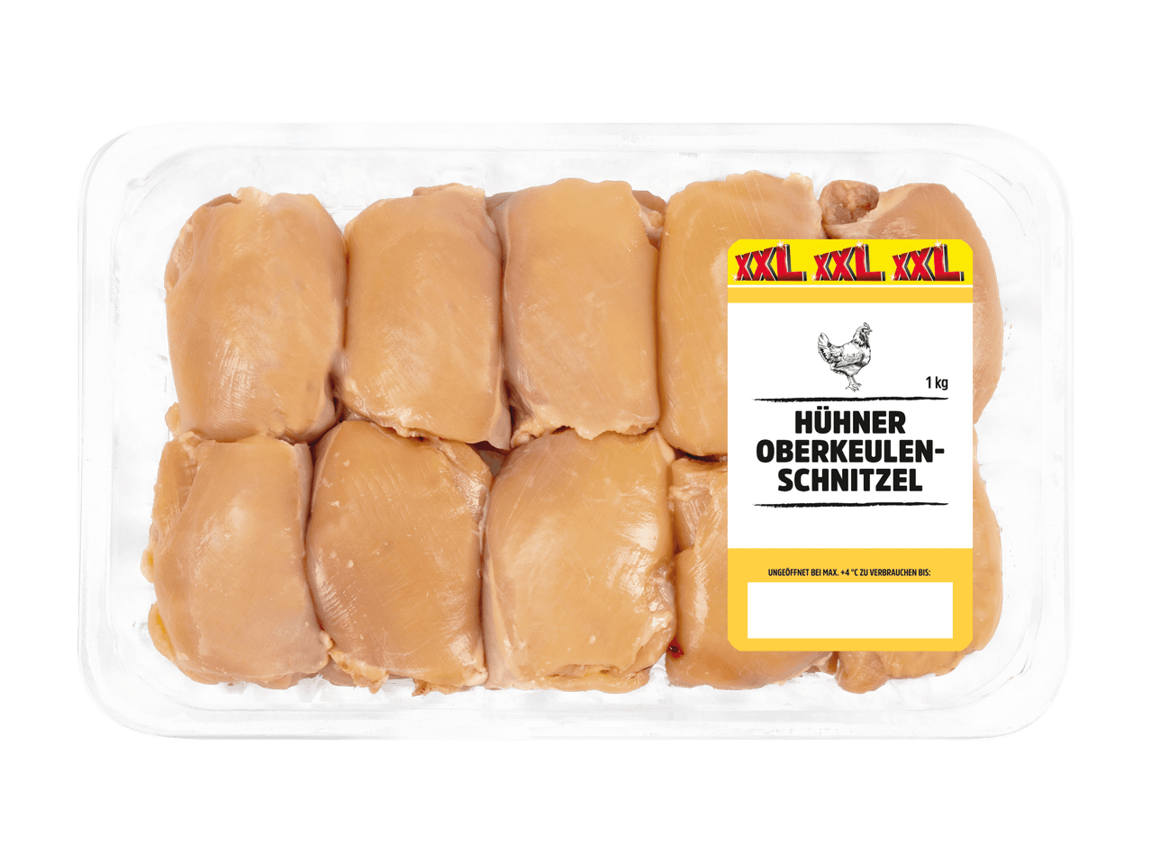 Lidl XXL Hühner Oberkeulen-Schnitzel in einer 1 kg Packung.