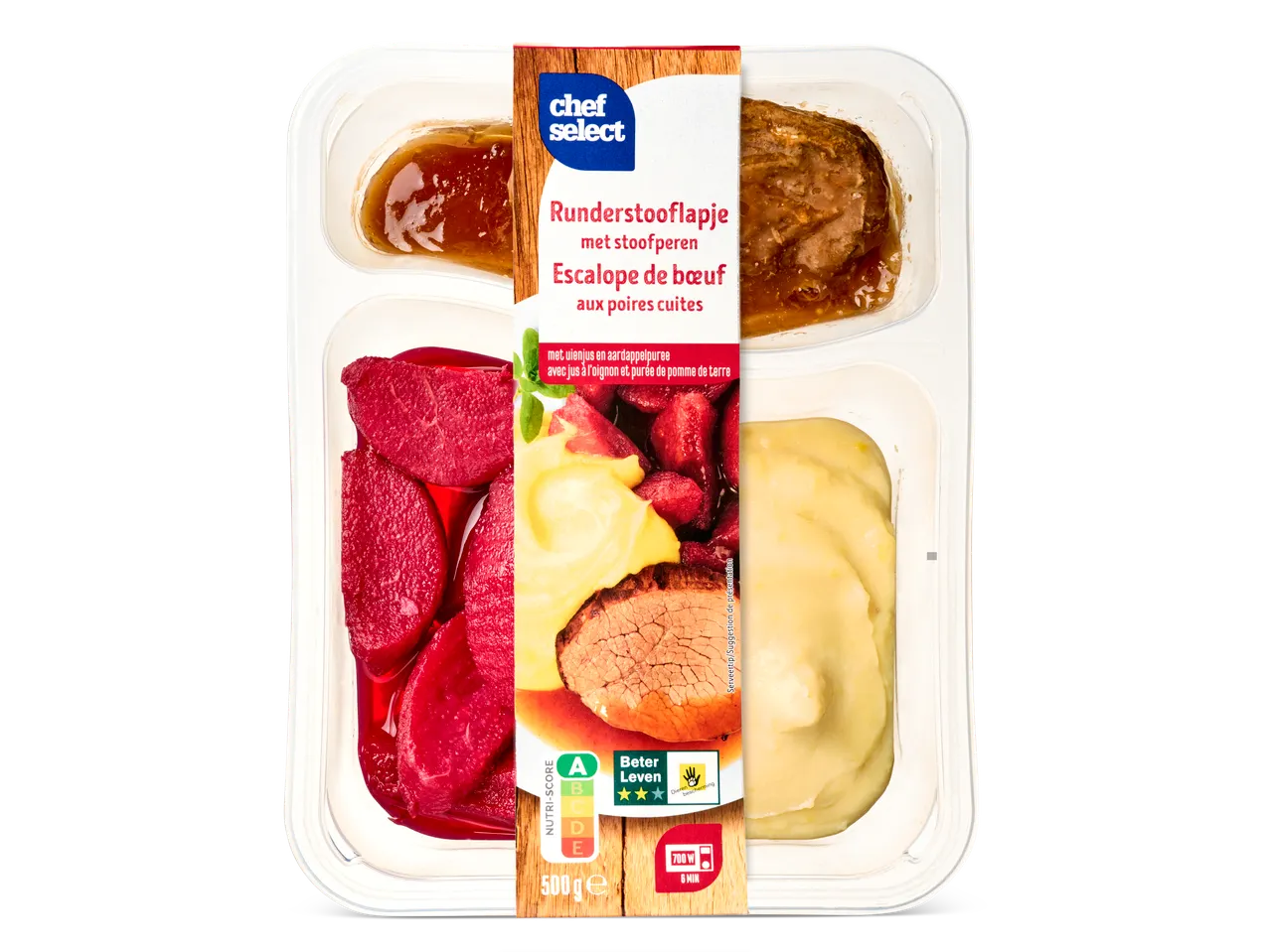 Chef Select runderstooflapje met stoofperen, uienjus en aardappelpuree in een kant-en-klaar maaltijd.